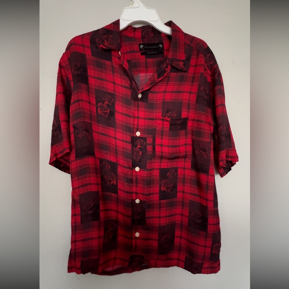 All Saints Men's Red and Black Plaid Shirt